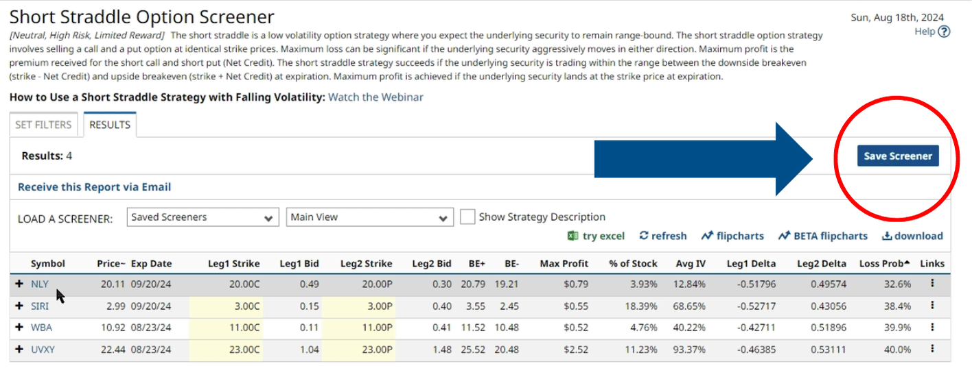 Short Straddle Strategy - Save Screener