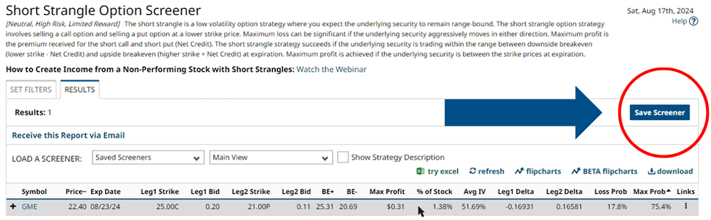 Short Strangle Strategy - Save Screener